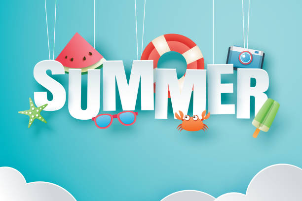 Hello+summer+with+decoration+origami+hanging+on+blue+sky+background.+Paper+art+and+craft+style.+Vector+illustration+of+life+ring%2C+ice+cream%2C+camera%2C+watermelon%2C+sunglasses.